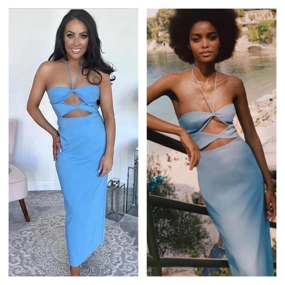 ZARA Blue Cutout Halter Sleeveless Bodycon Midi Cocktail Dress Size XL NWT - Picture 5 of 15